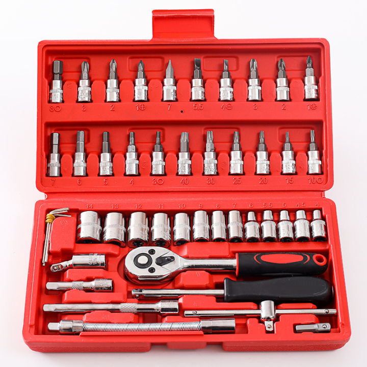 46 Pcs Combination Wrench & Socket Set – 1/4" Ratchet Torque Box Tool Kit for Car & Bike Repair | Imported Long Handle Spanner Set