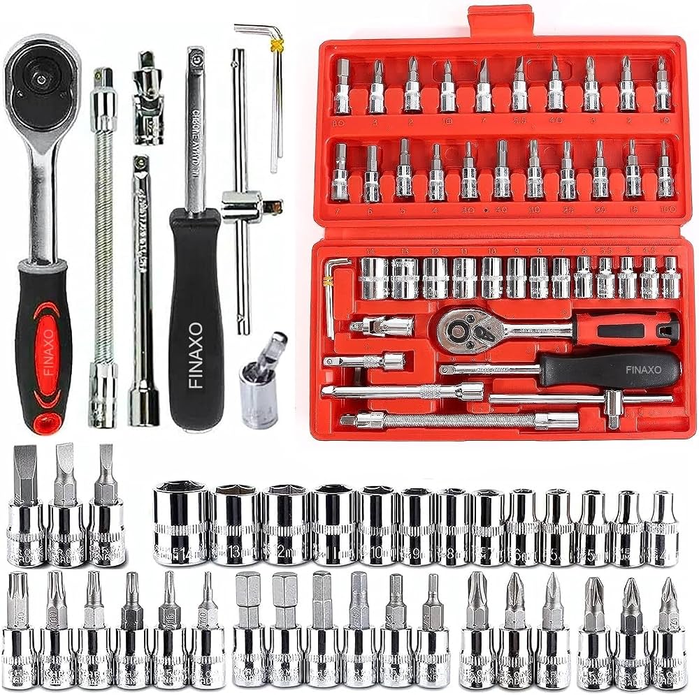 46 Pcs Combination Wrench & Socket Set – 1/4" Ratchet Torque Box Tool Kit for Car & Bike Repair | Imported Long Handle Spanner Set