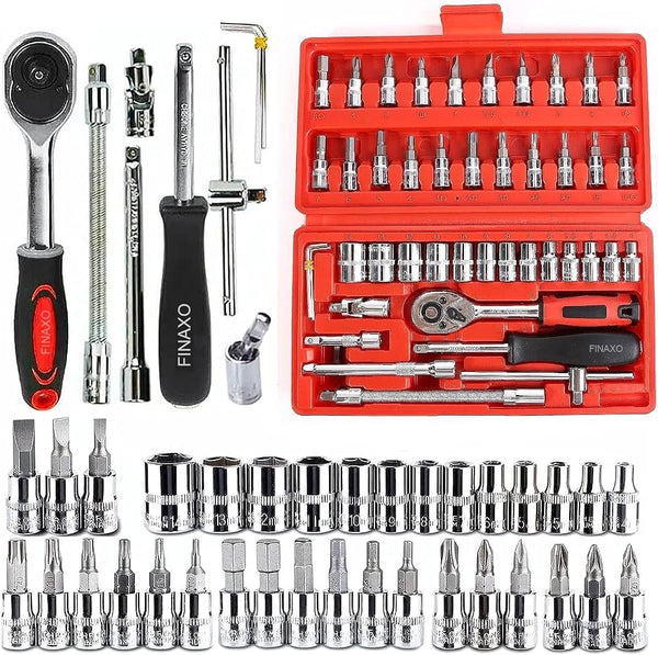 46 Pcs Combination Wrench & Socket Set – 1/4" Ratchet Torque Box Tool Kit for Car & Bike Repair | Imported Long Handle Spanner Set