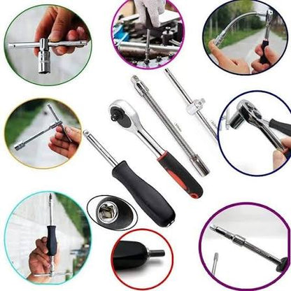 46 Pcs Combination Wrench & Socket Set – 1/4" Ratchet Torque Box Tool Kit for Car & Bike Repair | Imported Long Handle Spanner Set